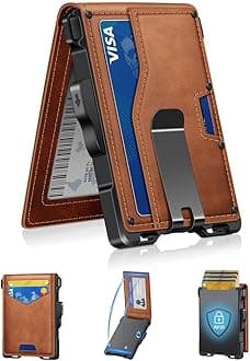 Wallet for Men, Minimalist Slim Mens Wallet with Money Clip, RFID Blocking Smart Pop Up Card Wallet with ID Window, Compact Bifold Wallet, Metal Aluminum Credit Card Holder（Brown）