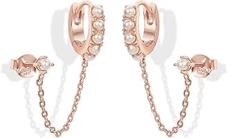 PAVOI 14K Gold Chain Earrings for Women | Double Piercing Dangle Chain Huggie Hoop Earrings | Cubic Zirconia Pearl Stud Ear Cuff Earrings for Women