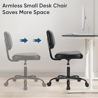 Armless Office Desk Chair, Small Height Adjustable Computer Task Chair with Low Back Lumbar Support and 360° Swivel Rolling Wheels for Small Space, Kids and Adults, Dark Black