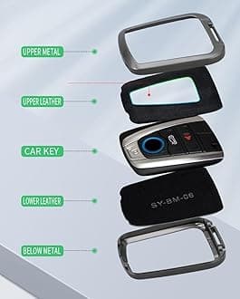 PU Leather+Zinc Alloy 4 Button Smart Key Fob Cover Case Fit for BMW 2014-2019 I3 2014-2020 I8 Keyless Key Holder with Leather Keychain Car Accessory C Gun Brown