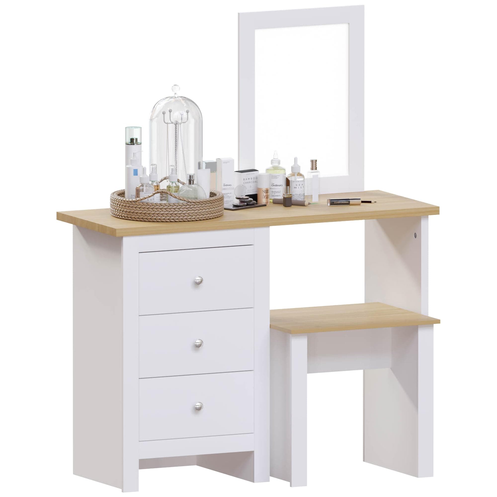 Vida Designs Arlington Dressing Table/Vanity Table, 3 Drawer, Stool, Mirror - Bedroom Makeup Set, White