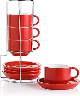 SweejarPorcelain Espresso Cups with Saucers, 4 Ounce Stackable Cappuccino Cups with Metal Stand for Coffee Drinks, Latte, Tea - Set of 4 (Red)