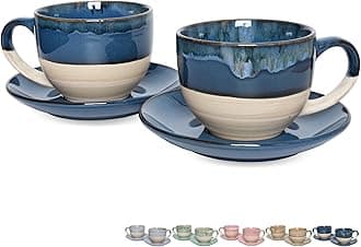 Bosmarlin Ceramic Cappuccino Cup and Saucer Set of 2, 9 Oz, Coffee Cups for Latte, Espresso, Tea, Dishwasher and Microwave Safe, Reavtive Glaze (Deep Blue)