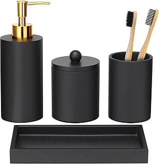 Haturi Bathroom Accessory Set, 4 Pcs Black Bathroom Accessories Sets Complete with Soap Dispenser, Toothbrush Holder, Apothecary Jar, Tray, Home Apartment Modern Bathroom Decor Vanity Countertop