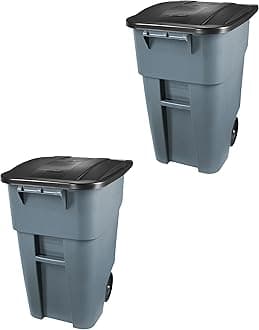 BRUTE Rollout Heavy-Duty Wheeled Trash/Garbage Can, 50-Gallon, Gray, for Restaurants/Hospitals/Offices/Warehouses/Garage, Pack of 2
