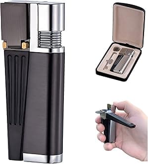 Portable Hitter Lighter, 2 in 1 Set Metal Lighter with Pipe Foldable Portable Lighter Open Flame Men's Gadget for Camping BBQ Kitchen (Black Style A)