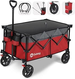 Sekey 220L Collapsible Foldable Wagon with 330lbs Weight Capacity, Heavy Duty Folding Wagon Cart with Big All-Terrain Wheels & Drink Holders (Red&Grey)