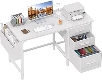 Lufeiya White Desk with File Drawers Cabinet, 47 Inch Reversible Computer Desk with Fabric Filing Cabinet for Bedroom Small Space Home Office, Modern Writing Table PC Desks, White