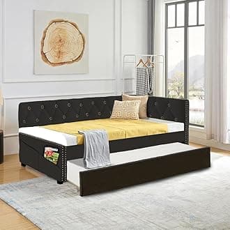 Upholstered Twin Size Daybed with Trundle for Kids Teens Adults Bedroom,Velvet Fabric Bed Frame w/Wood Slats & Side Pocket Design/Save Space for Boy Girl,No Spring Box Required, Black