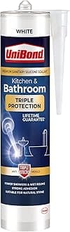 UniBond 2100806 Triple Protection Stop Mould Sealant, Kitchen & Bathroom Sealant, White Silicone Sealant Repels, Kills, Prevents Mould Growth, Long-Lasting Bath Sealant, 1x291g Cartridge