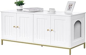 HomhedyCat Litter Box Enclosure for 2 Cats, Cat Washroom Furniture with Double Room, Pet House with Metal Frame, 47.2”L x 17.7”W x 21.7”H, White and Gold