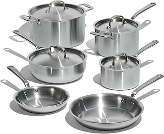 Cookware - 10 Piece Stainless Steel Pot and Pan Set - 5 Ply Clad - Includes Stainless Steel Frying Pans, Saucepans, Saucier and Stock Pot W/Lid - Professional Cookware - Crafted in Italy