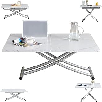 Multifunctional Folding Table, Convertible Lift Top Coffee Table to Dining Table, Height Adjustable Metal Legs and Wooden Surface, Modern for Small Spaces Dining/Living Room/Kitchen