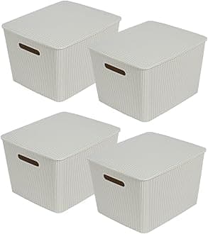 Glad Storage Baskets with Lids - Set of 4 Stackable Plastic Boxes with Handles - Decorative Shelf Organizer Bins for Bathroom and Closet, Grey, 4.7 Gallon