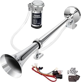 FARBIN 12V 150db Air Horn kit, Super Loud 18 Inches Chrome Zinc Single Trumpet Truck Horn, Train Horn with Compressor for Any 12V Vehicles