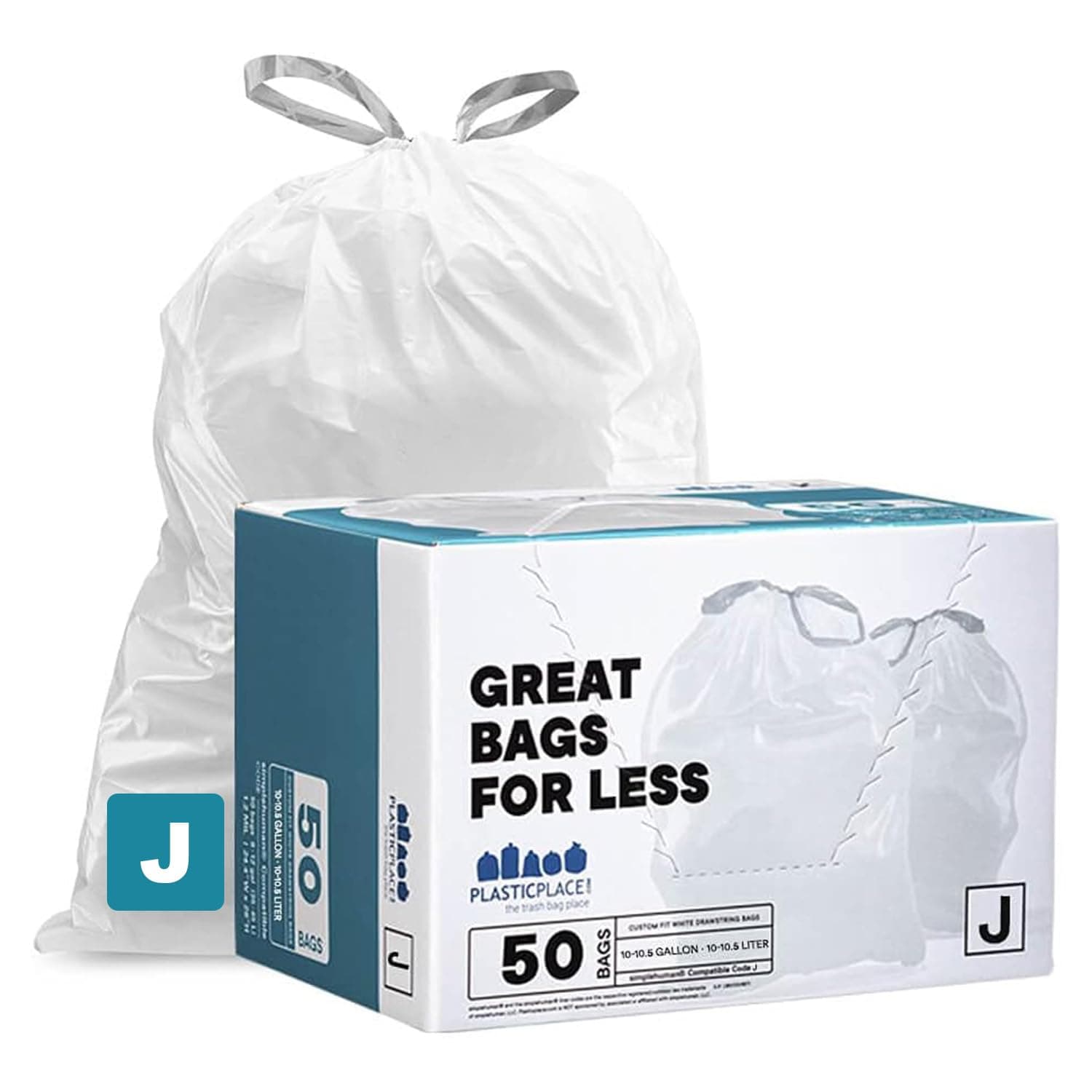 Plasticplace Custom Fit Rubbish Bags, Compatible with simplehuman Code J (50 Count), White Drawstring Rubbish Liners 10-10.5 Gallon / 38-40 Liter, 21" x 28"