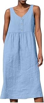 Spring Summer Dresses for Women 2025 Casual Quarter Button V Neck Sleeveless Dress Cotton Linen Comfort Soft Dress