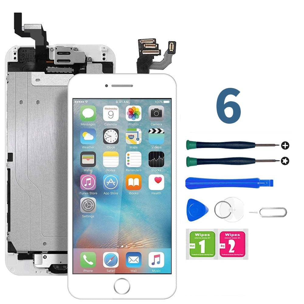 for iPhone 6 Screen Replacement White, LCD Touch Display Digitizer Assembly with Home Button, Front Facing Camera Proximity Sensor, Ear Speaker and Full Repair Tools