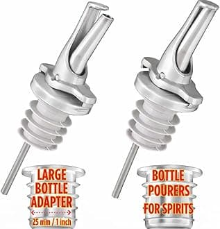 Liquor Bottle Pourers - Patented Design Pour Spouts - Open and Close for Mid Pour Shut Off - Fits Universally to Most Bottles - Meet The Standard of Bottle Pourers - Silver - 2 Pack