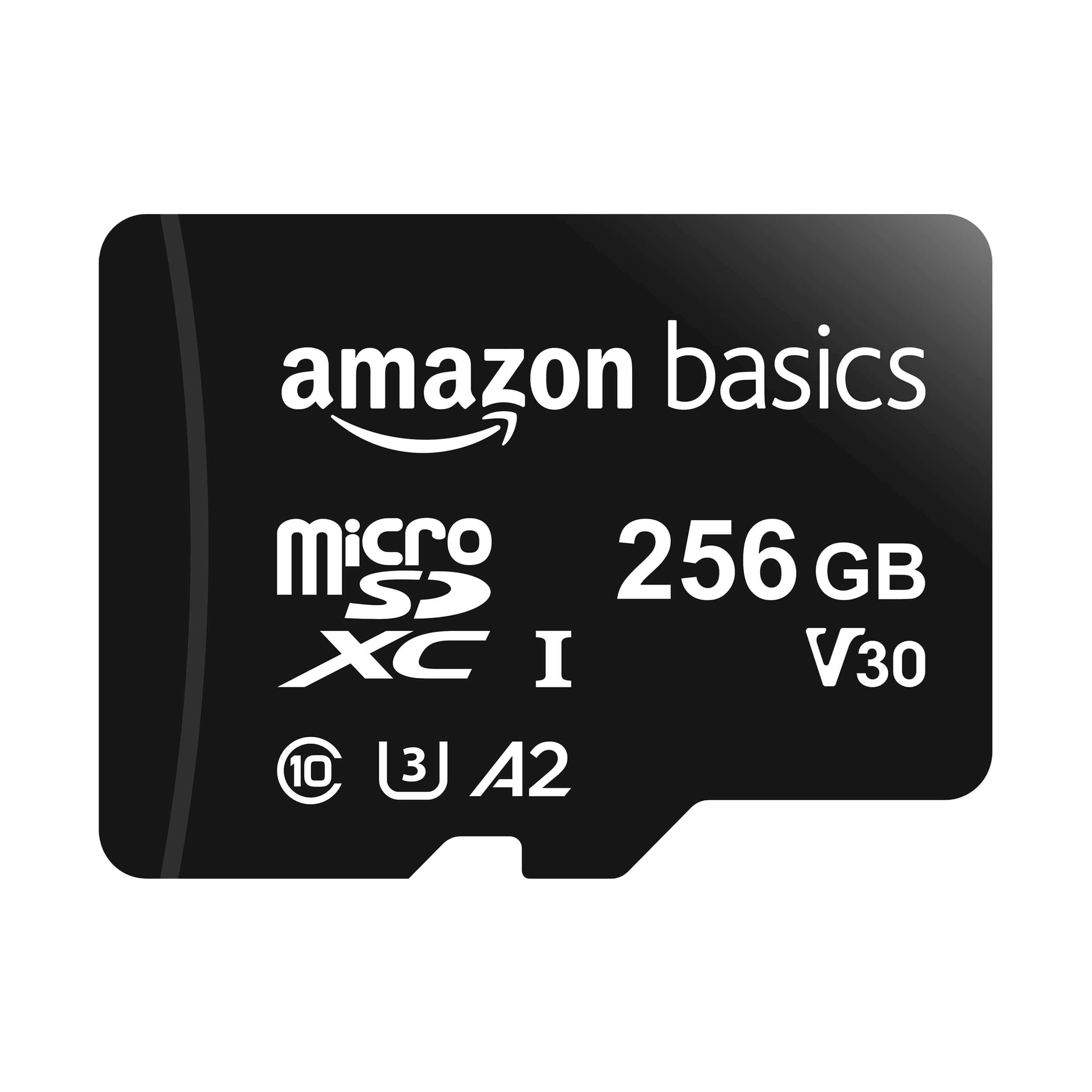 Amazon Basics microSDXC Memory Card with Full Size Adapter, A2, U3, Read Speed up to 100 MB/s, 256GB, Black