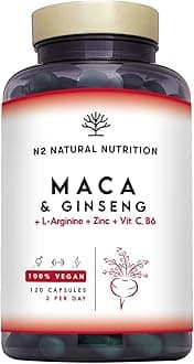 Maca Root + Ginseng + L Arginine. Triple Energy. Zinc + Vitamin C & B. Increases Sports Performance. Reduces Tiredness and Fatigue. Antioxidant. 120 Capsules. CE, Vegan. N2 Natural Nutrition