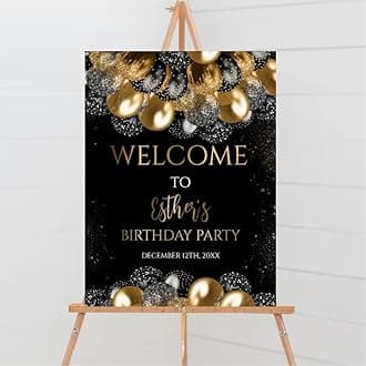 Personalized Welcome Birthday Sign, Birthday Welcome Sign, Black And Gold Glitter Balloons Birthday Party,Balloons Birthday Party Decoration, Birthday Welcome Sign,