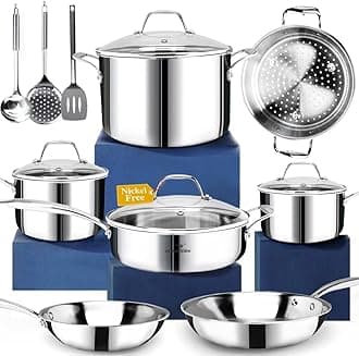 HOMICHEF 14-Piece Nickel Free Stainless Steel Cookware Set Whole-Clad 3-Ply - Mirror Polished Pots And Pans Set - Healthy Cookware Set With Steamer - Non-Toxic Induction Cookware Sets