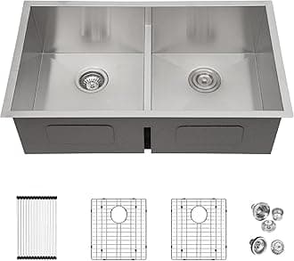 LORDEAR33 Double Bowl Kitchen Sink 33x19 Inch Undermount Kitchen Sink Low Divide Double Bowl 50/50 16 Gauge Stainless Steel Kitchen Sink Basin Handmade