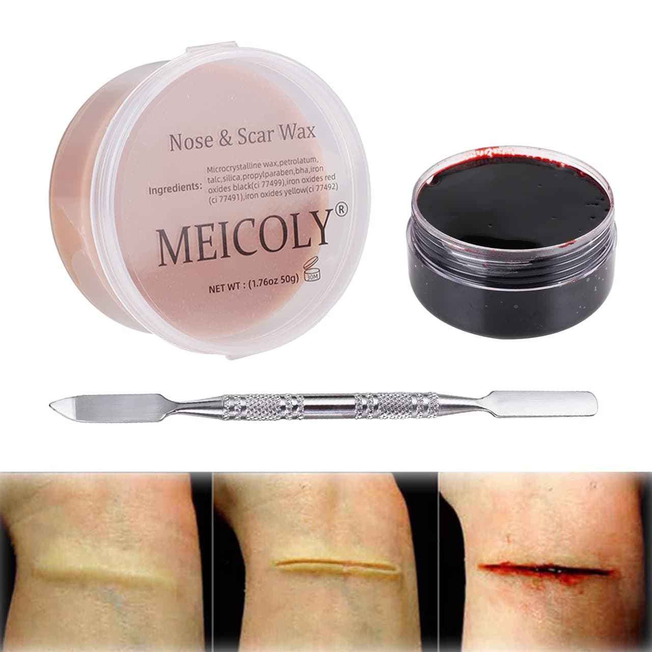 MEICOLY 3pcs SFX Special Effects Makeup Kit - Fake Nose Putty, Scar Wax, Fake Blood Scab Gel, Dark