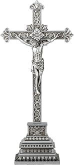 Standing Crucifix - 16 Inch Jesus Cross with Base for Home Table Decor, Silver Crucifix Standing Cross Catholic Wedding Altar Religious Gifts
