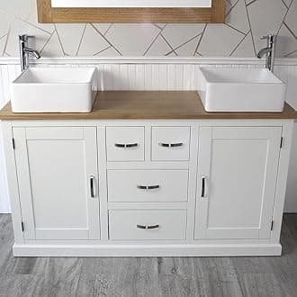 Wooden Bathroom Vanity Unit with 2 Ceramic Basins - Modern Bathroom Sink Cabinet with Drawers - Double Vanity Unit with Chromed Mixer Taps - White Painted - Square Bowl (603PCB035X2)