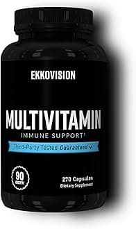 Ekkovision Multivitamin, Includes Vitamin, B, C, E, D3 & K2, Zinc, Selenium, Biotin & Folic Acid, Iron Free Formula, Plant Based Multi Vitamin for Men & Women, 90 Servings, 270 Veggie Capsules