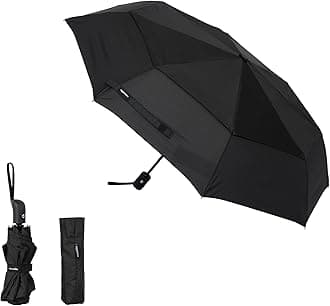 Round Automatic Travel Compact Umbrella Windproof Strong, with Wind Vent, Black, One Size