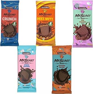 Mr Beast Chocolate Bars – NEW Deez Nuts Peanut Butter Crunch Chocolate, Milk Chocolate, Original Chocolate, Milk Chocolate, Sea Salt Chocolate Bars (5 Pack)