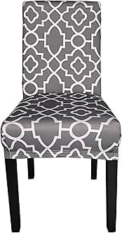 Printed High-Back Chair Covers for Dining Room Chairs – Spandex Stretch, Universal Armless Chair Protective Slipcover for Kitchen, Party, Banquet & Hotel, Abstract Trellis Pattern - Grey, Pack of 1