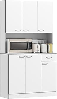 HOMCOM 71" Kitchen Pantry Cabinet, Tall Storage Cabinet with Microwave Stand, Buffet with Hutch, 6 Doors, Storage Drawer, 3 Adjustable Shelves for Living Room, Dining Room, White