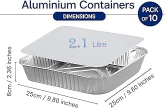 HOMESmith 10 Pack Aluminium Foil Trays with Lids Containers Strong and Large Tin Foil Food Take Away Container Disposable Food Take Out Box with Lid|2 Litre |, Silver