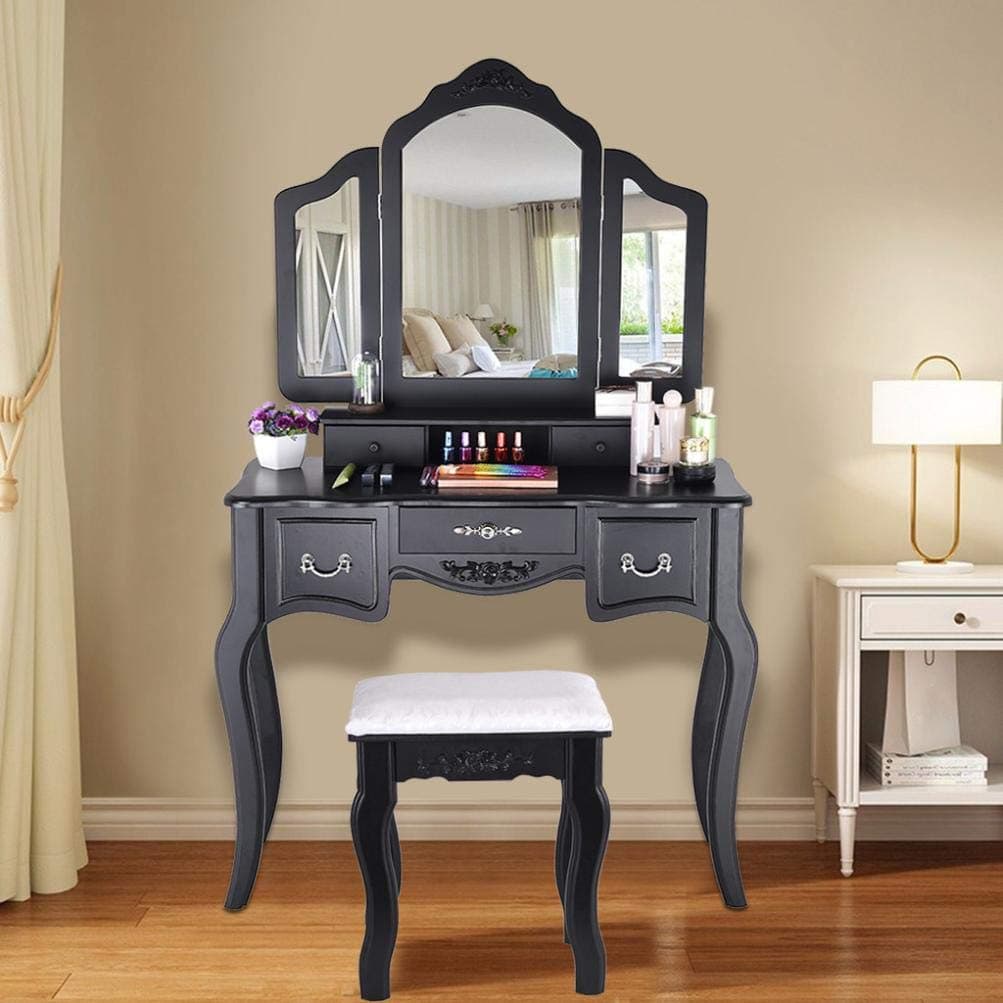 OKA Vanity Table Set，Dressing Table with 3 Foldable Mirrors and 5 Drawers，Vanity Set Easy to Assemble witha Cushioned Stool for Women (Black)