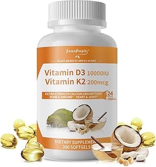 GREENPEOPLE K2 D3 Vitamin Supplement, Vitamin D-3 & K-2 MK-7, 10,000 IU/200 mcg, with Virgin Non-GMO Coconut MCT Oil | 300 Vegan Softgels | Bone Health, Immune Support