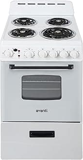 Avanti Electric Range Oven Compact Design, 2.1-Cu.Ft. Capacity with 4 Coil Burners, Framed Glass Oven Door, Storage Drawer and Broiler with Pan, 20-Inch, White