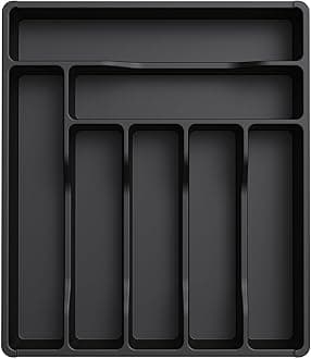 Lifewit Cutlery Drawer Organiser, Plastic Cutlery Tray for Kitchen, Utensil Flatware Silverware Holder Divider for Spoons Forks Knives Tableware, 7 Compartments, 31 x 36cm, Black