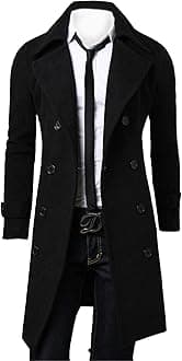 SOMTHRON Men's Casual Trench Coat Slim Fit Notched Collar Long Jacket Business Overcoat Double Breasted Pea Coat