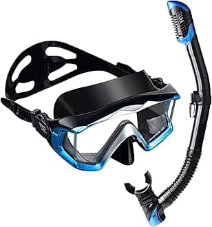 Snorkel Set Pano 3/4 Adult Snorkeling Gear, Professional Anti-Fog Snorkel Mask Dry Top Snorkel, Tempered Glass Scuba Diving Mask for Freediving, Snorkeling and Swimming