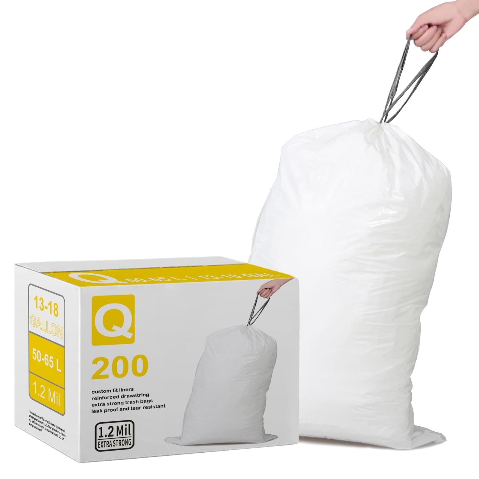 Code Q (200 Count) 13-17 Gallon Heavy Duty Drawstring Plastic Trash Bags Compatible with simplehuman Code Q | 1.2 Mil | White Garbage Can Liners 13-17 Gallon/40-65 Liter