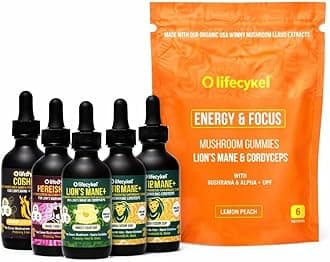 Life Cykel Premium Mushroom Extract Liquid Bundle – Lion’s Mane, Cordyceps, Reishi, Chaga, Turkey Tail & Shiitake (1oz Each) with Included Energy Gummies (10-Count), for Vitality & Mental Clarity