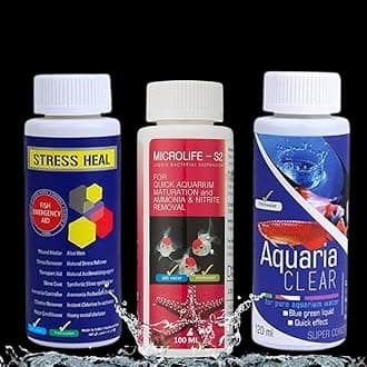Premier Plants Aquarium Fish Tank Starter Medicine Combo for Aquarium Cleaning Kit (Stress Heal | Microlife | Aquaria Clear) 3 Pieces Combo