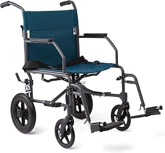 MedlineTransport Wheelchair with Lightweight Steel Frame, Folding Chair is Portable, Large 12 inch Back Wheels, 19 inch Wide Seat, Teal