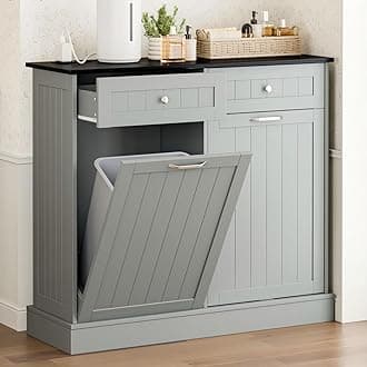GAZHOME 20 Gallon Double Tilt Out Wooden Trash Cabinet with Charging Station, Upgrade Free Standing Recycling Cabinet with Outlet,Gray