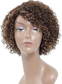 HUAShort Curly Human Hair Wigs for Black Women 8 inch Short Curly Wigs for Black Women No Lace Front Human Hair Wigs (WIG P4/27)