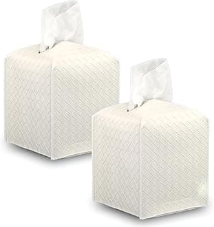 Premium PU Leather Tissue Box Holder–Modern Cover for Home, Office, Car–Stylish Cube Organizer for Standard Kleenex Tissues – Durable, Easy Refill, Woven Design (White 2 Pack)